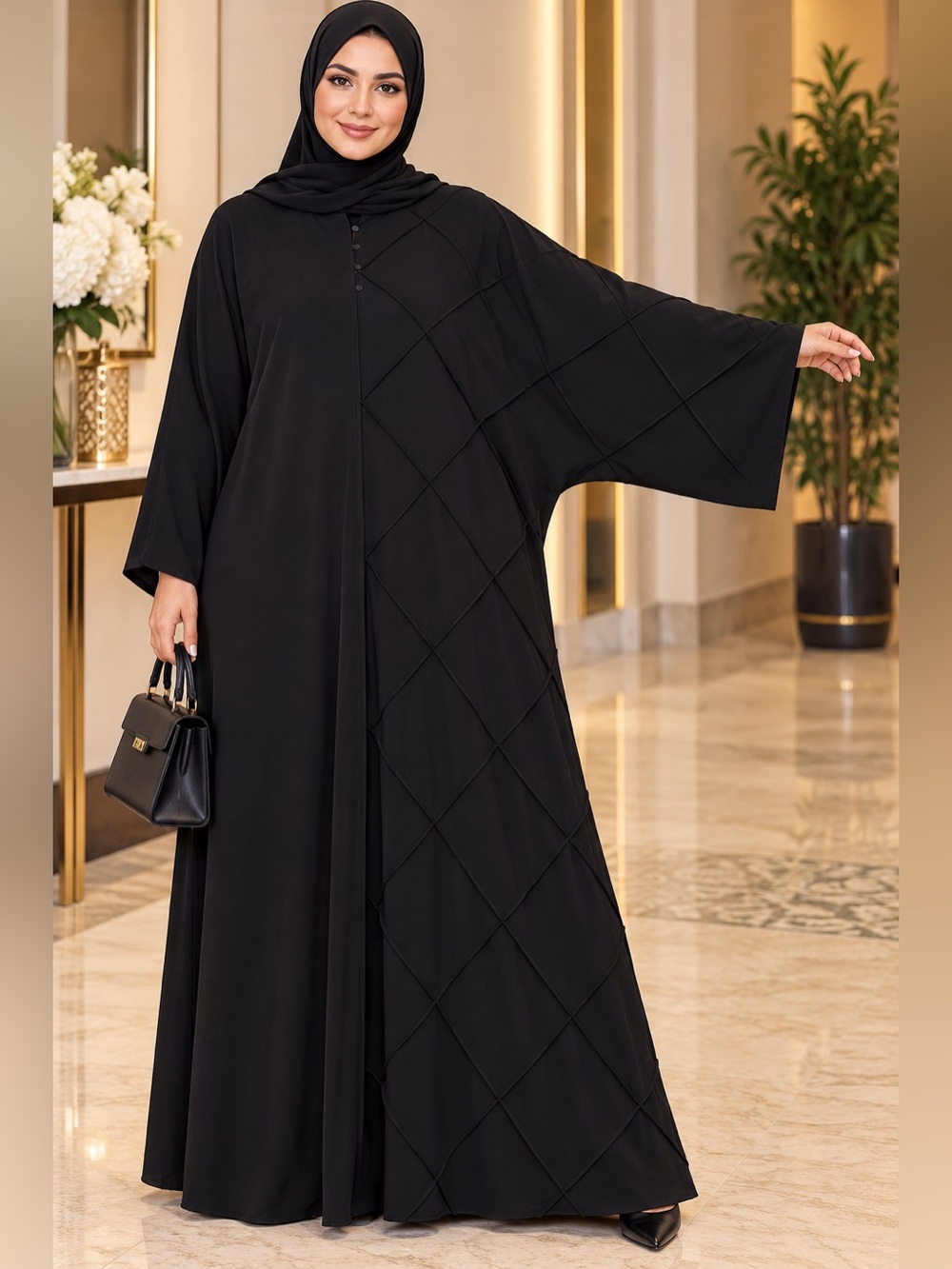 Elegant Black Maxi Abaya Dress with Diamond-Grid Detail